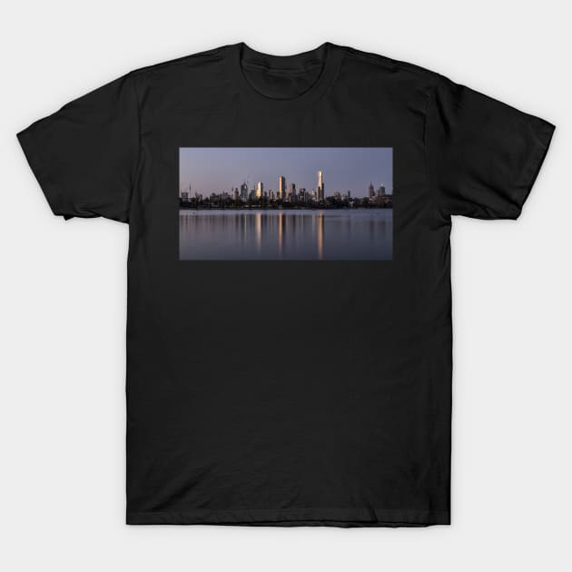 Cityscape Reflecting off the Lake T-Shirt by Design A Studios